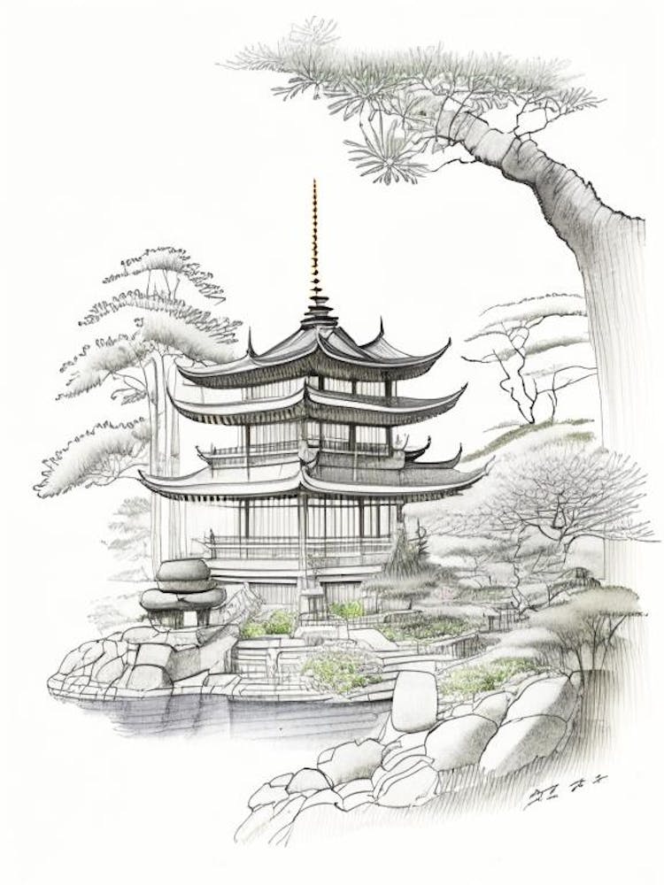 Ginkaku Ji Tempel, Japan Vintage Bleistiftzeichnung