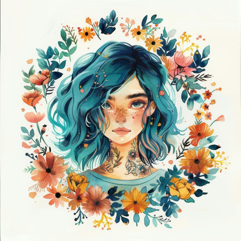 Girl With Blue Hair And Flowers 1