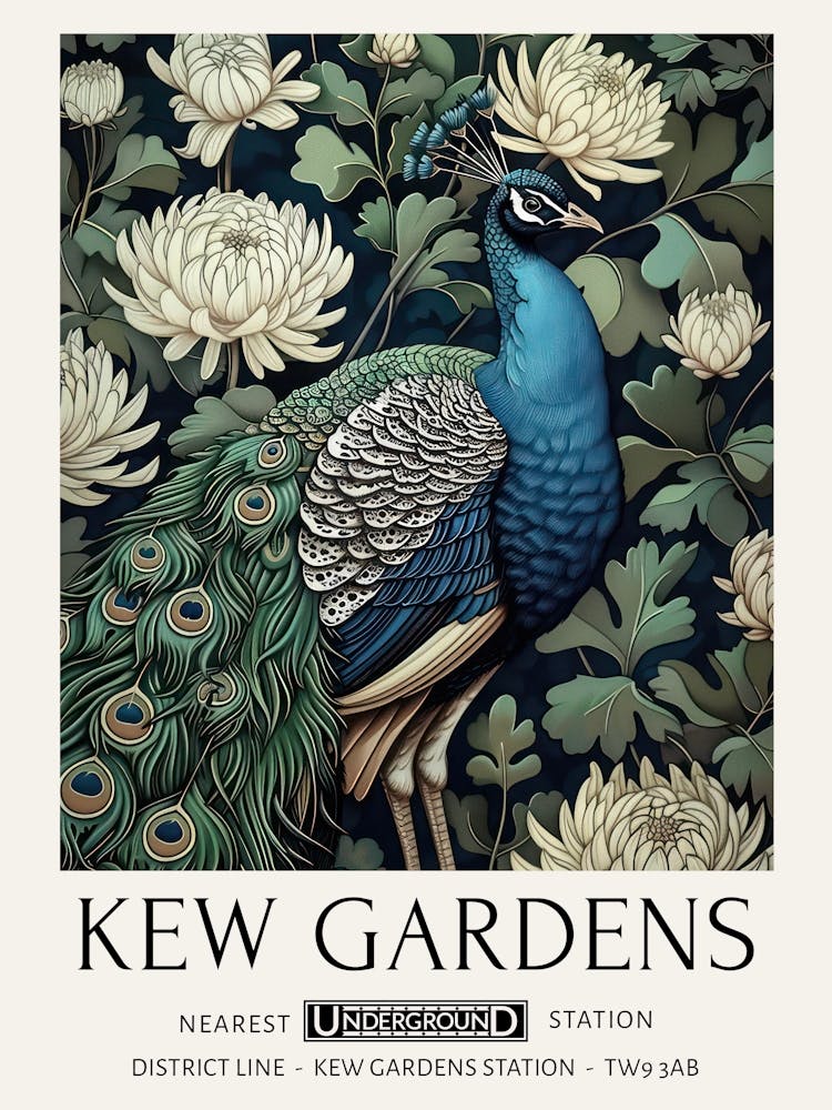 William Morris Print Peacock Flowers Kew Gardens Print Botanical Vintage London