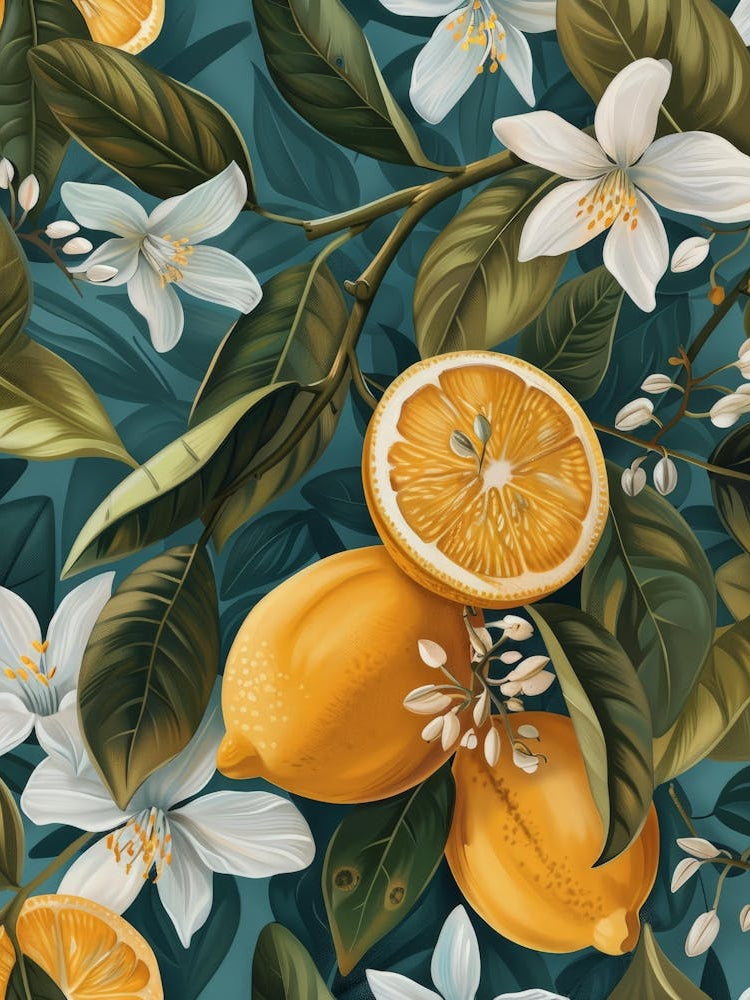Seamless Pattern With Lemons And Flowers