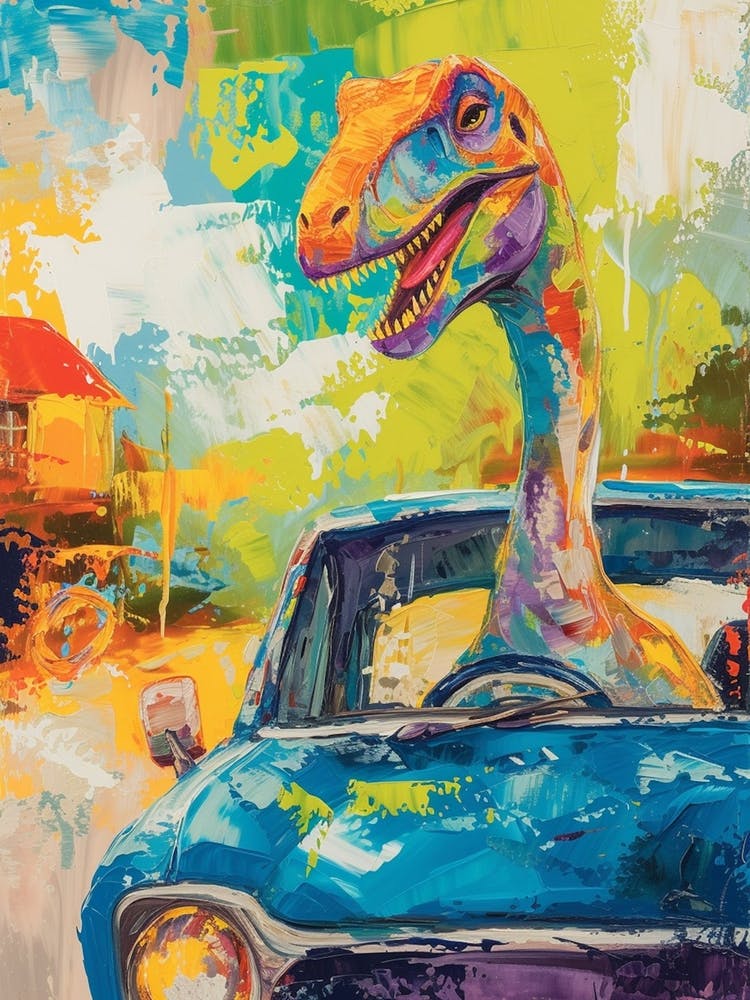 Dinosaur Driving A Car Blue Green Brushstroke 1