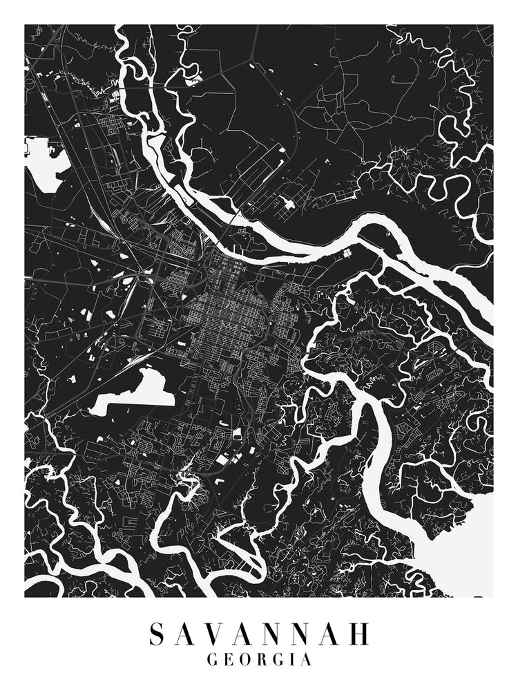 Savannah Georgia Minimal Black Mono Street Map 