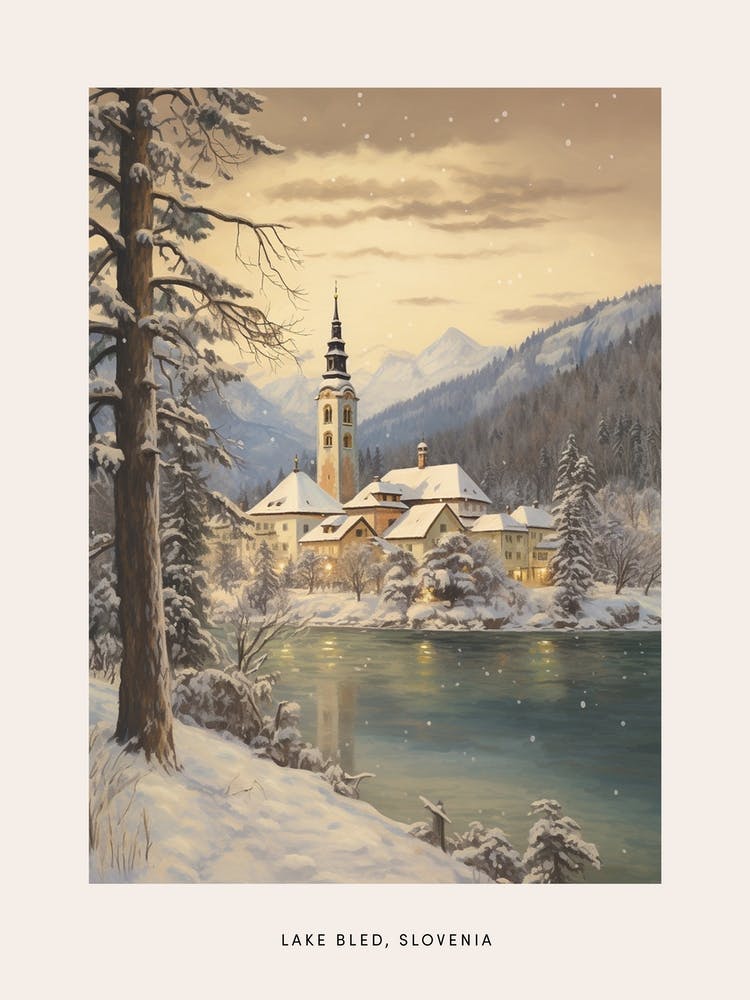 Vintage Winter Poster Lake Bled Slovenia 1