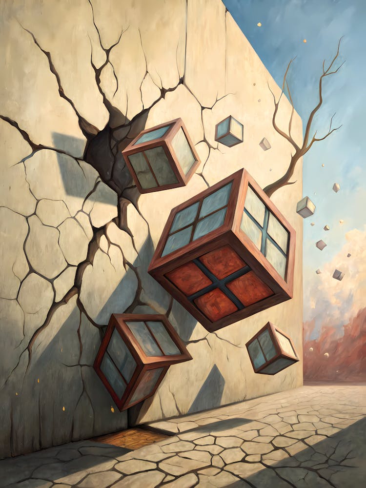 Oil Painting Style Fractured Wall with Floating Cubes Surreal Art