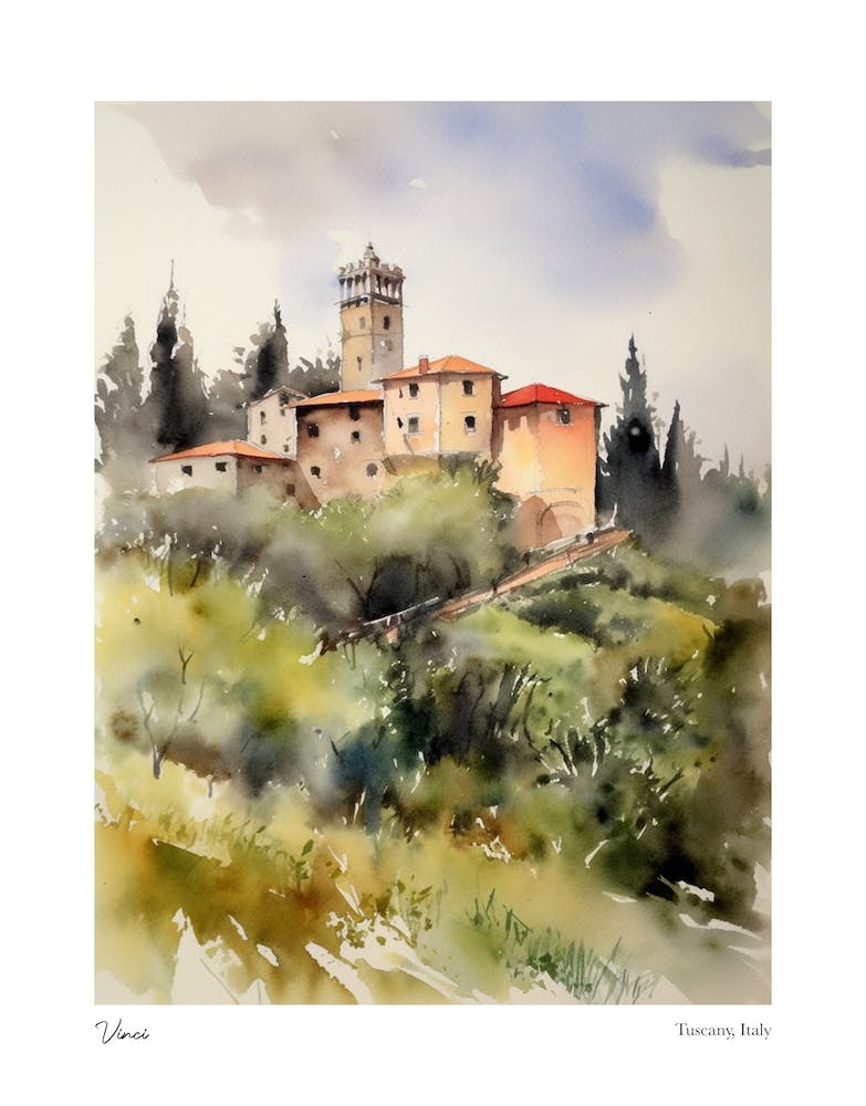 Vinci, Toskana, Italien 1 Aquarell-Reiseposter