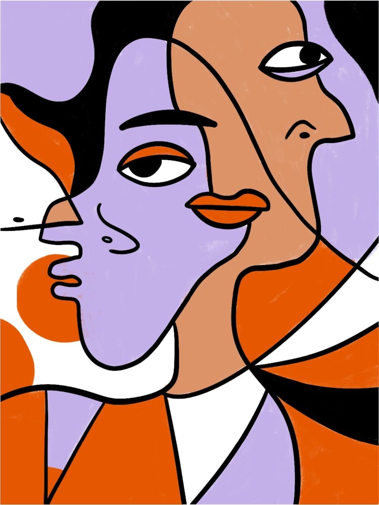 Abstract art featuring a dual-faced figure with vibrant colors and geometric shapes in a contemporary style