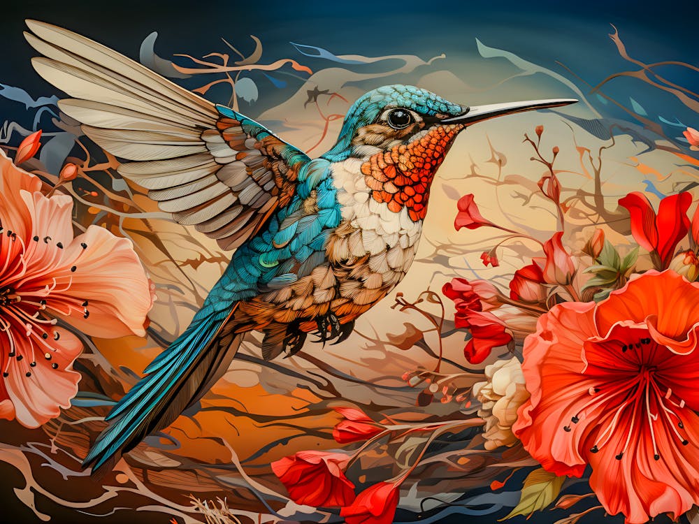 Vibrant Hummingbird Art - Nature-Inspired Floral Wildlife Painting