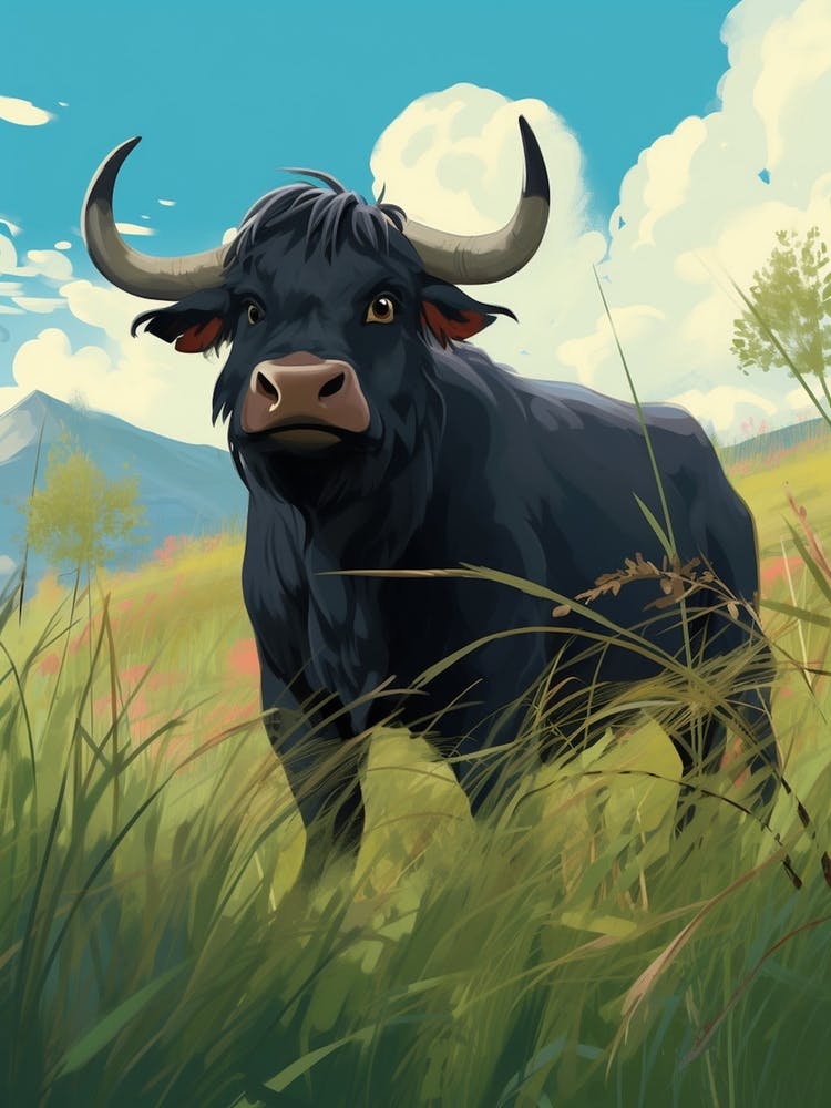 Black Bull In Long Grass Of The Highlands