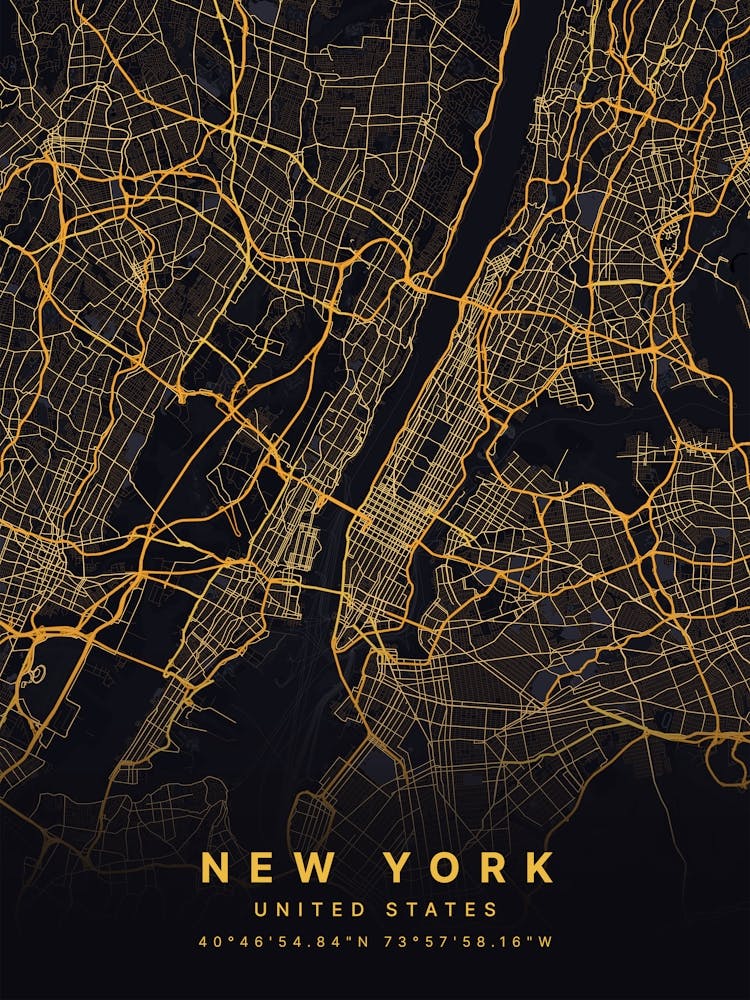 New York NYC USA Black And Gold Map