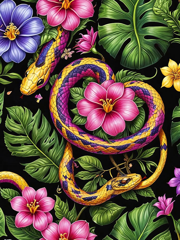 Tropical golden snakes and flowers in jungle - Chinese New Year 2025, seamless floral poster