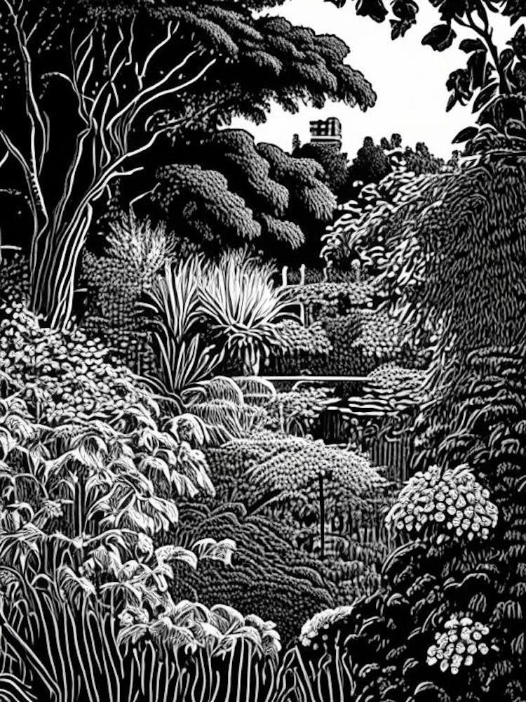 Claude Monet’S Garden, France Linocut Black And White Vintage