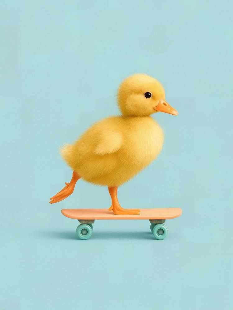 Cute Duck on Skateboard – Happy Yellow Baby Duck Poster: A baby duck rolls by with a cheeky smile on a skateboard. This pastel blue poster brings humor, love, and fluffy charm to any kids room – a cute and playful print for fans of skating animals.