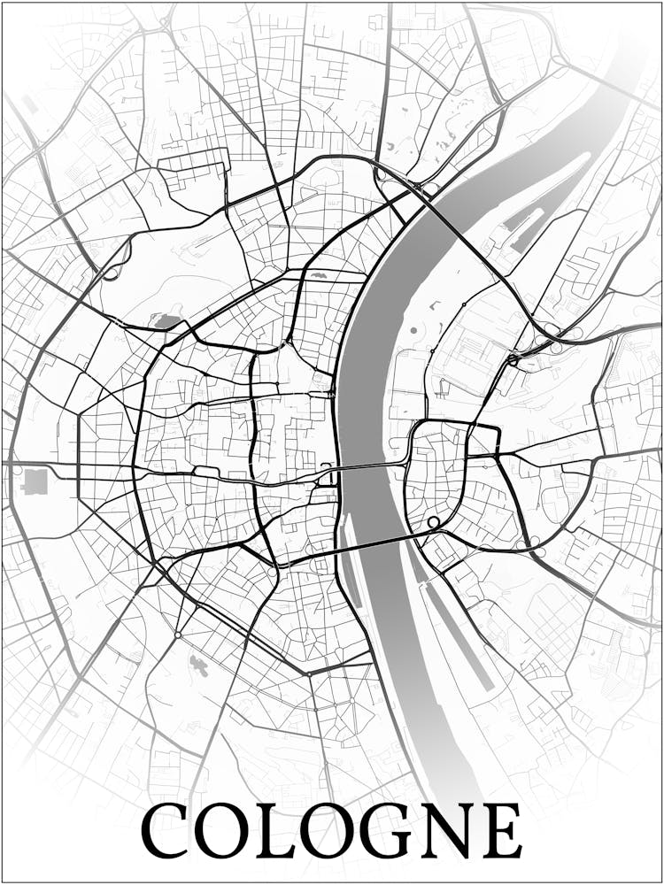 Cologne, North Rhine Westphalia, Germany, City Map, Black And White Fade Design