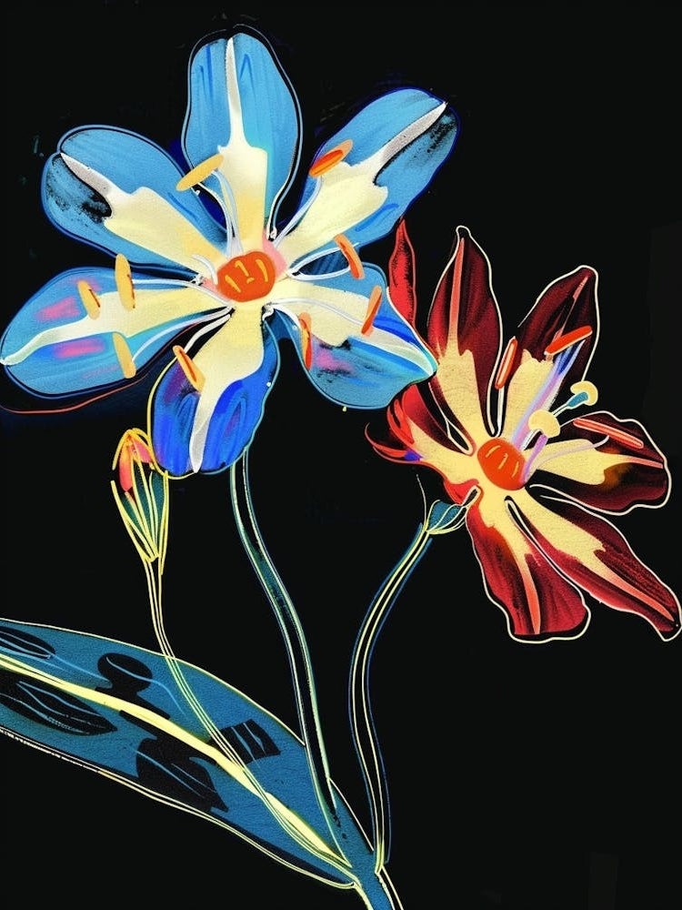 Neon Flowers On Black Forget Me Not 2