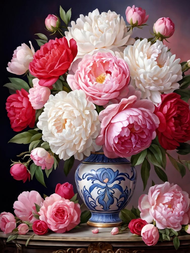 Digital Painting Of An Ornate Vase Cradling Roses And Peonies Bathed In Soft Lighting With Rich Vi