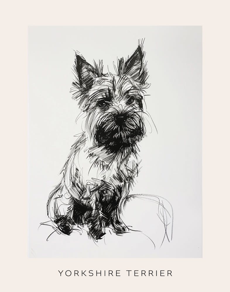 Yorkshire Terrier Black & White Line Sketch 1 Poster