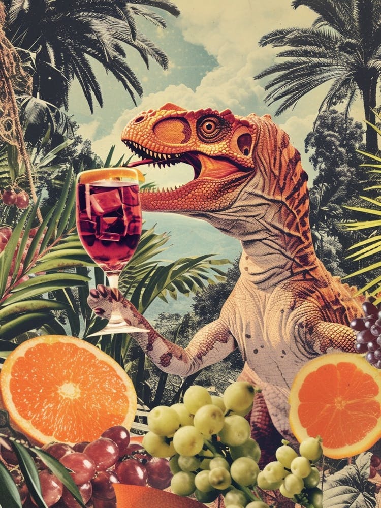 Dinosaur Drinking Wine Retro Collage 1