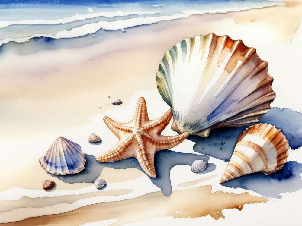 Seashells on the beach, watercolor painting 7