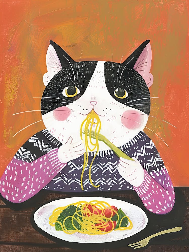 Black And White Cat Eating Pizza Folk Illustration 4