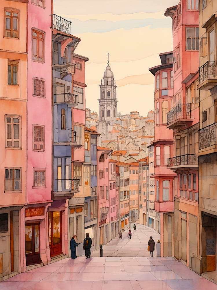 Bilbao Spain 2 Vintage Pink Travel Illustration