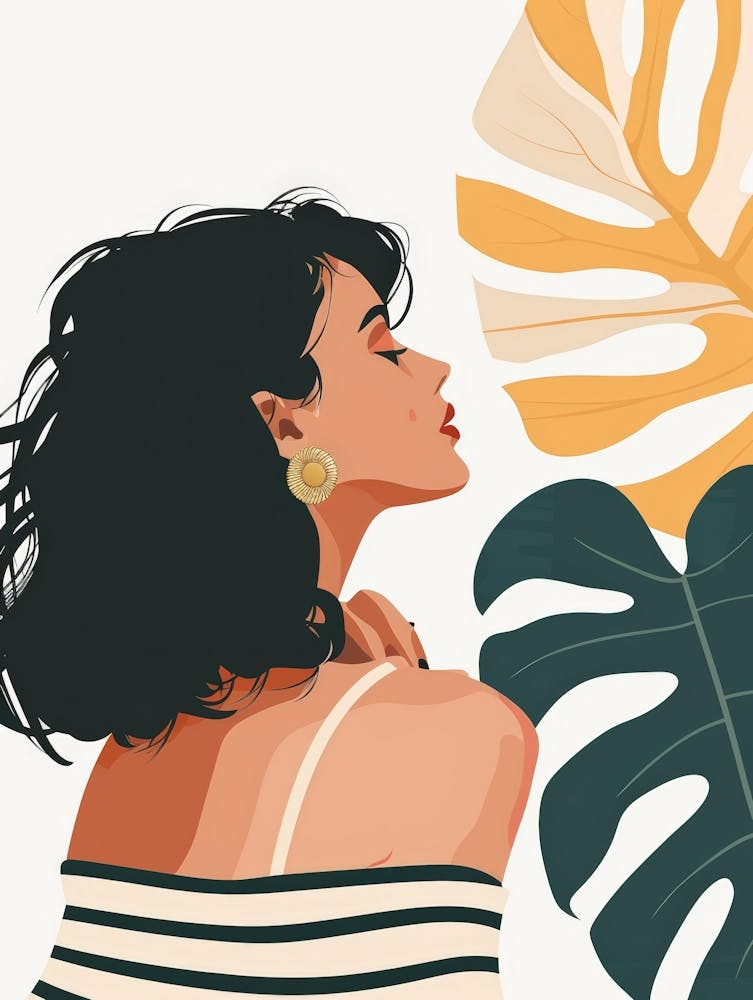 Portrait d'une femme aux feuilles tropicales