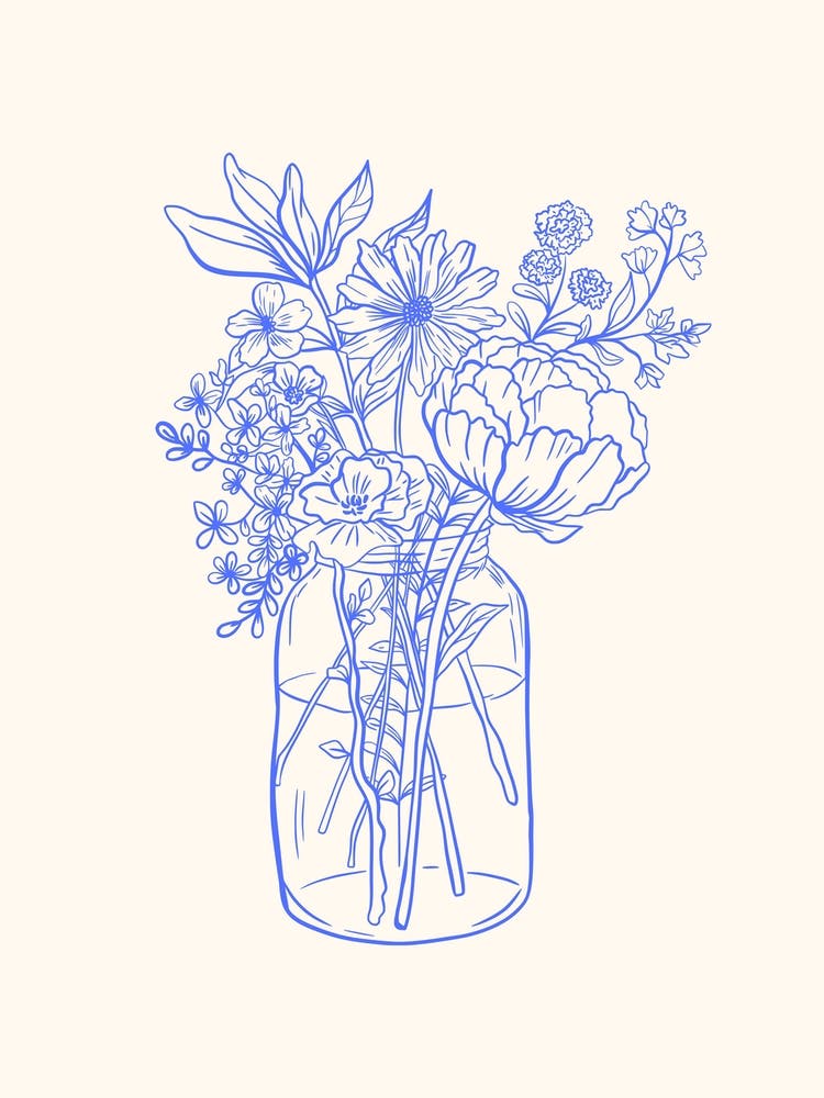 Blue Line Drawing Flowers