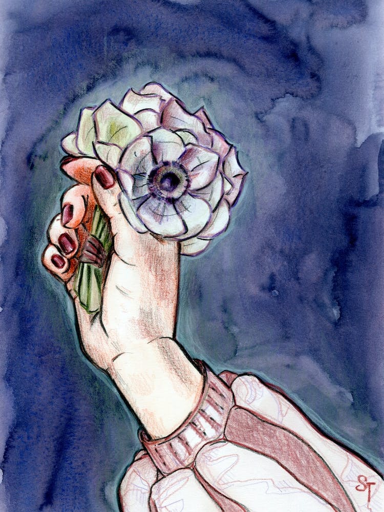 Watercolor Floral Blue painting Bouquet of Anemones in Girl Hand