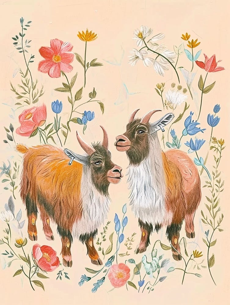 Folksy Floral Animal Drawing Goat 2