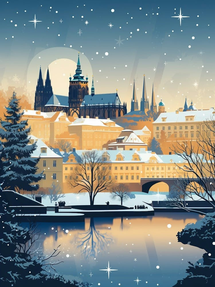 Winter Travel Night Illustration Prague Czech Republic 2