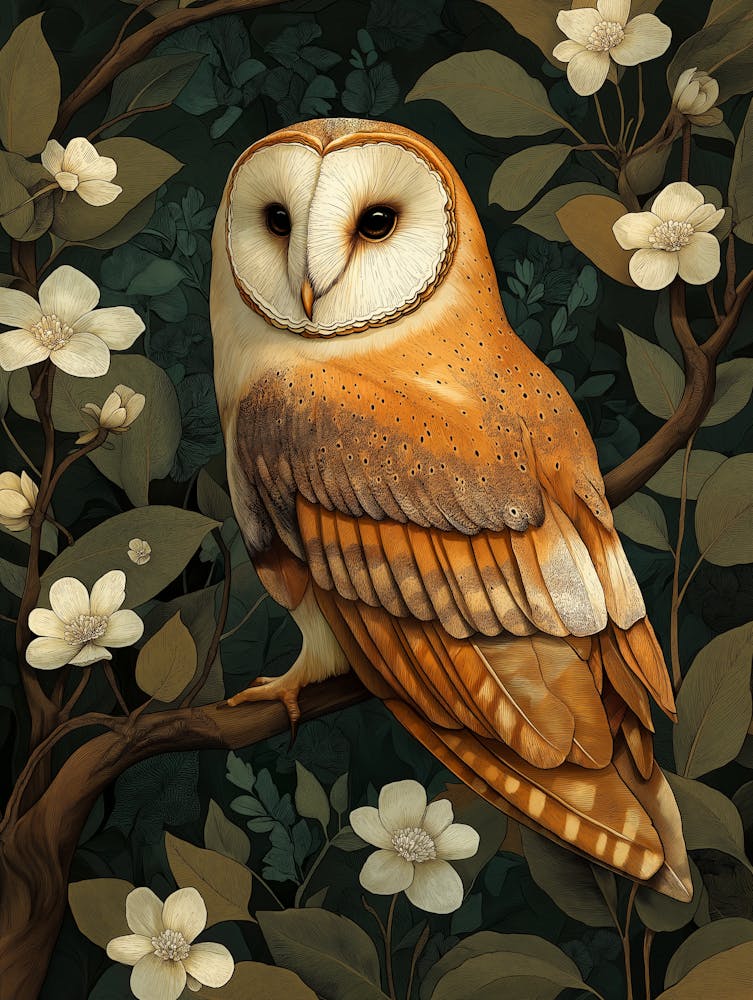 Vintage Bird Linocut Barn Owl