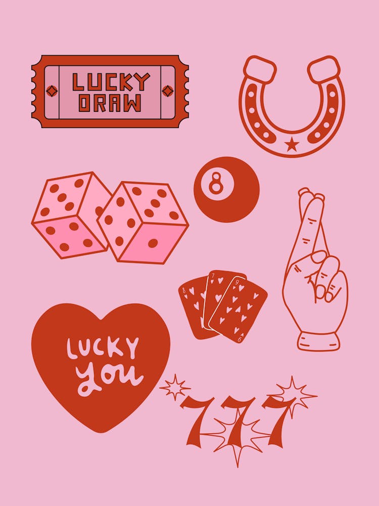 Lucky You Flash Sheet | Pink + Red Girly Aesthetic Trendy Vintage Apartment Dorm Decor | 8 Ball 777 Horseshoe Dice Luck