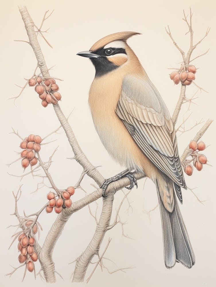 Vintage Bird Drawing Cedar Waxwing 2