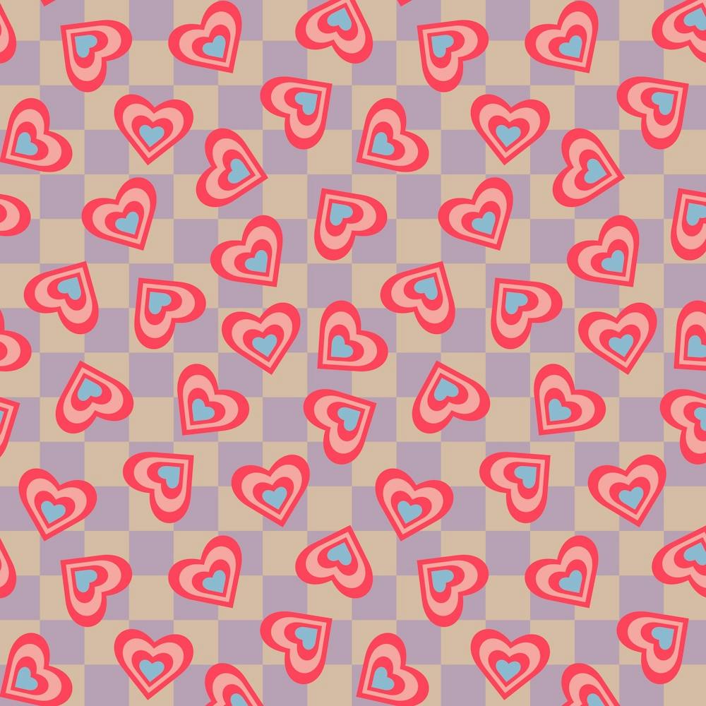 LOVE HEARTS CHECKERBOARD Tossed Retro Valentines in Red Pink Blue on Beige Lavender Purple Geometric Grid