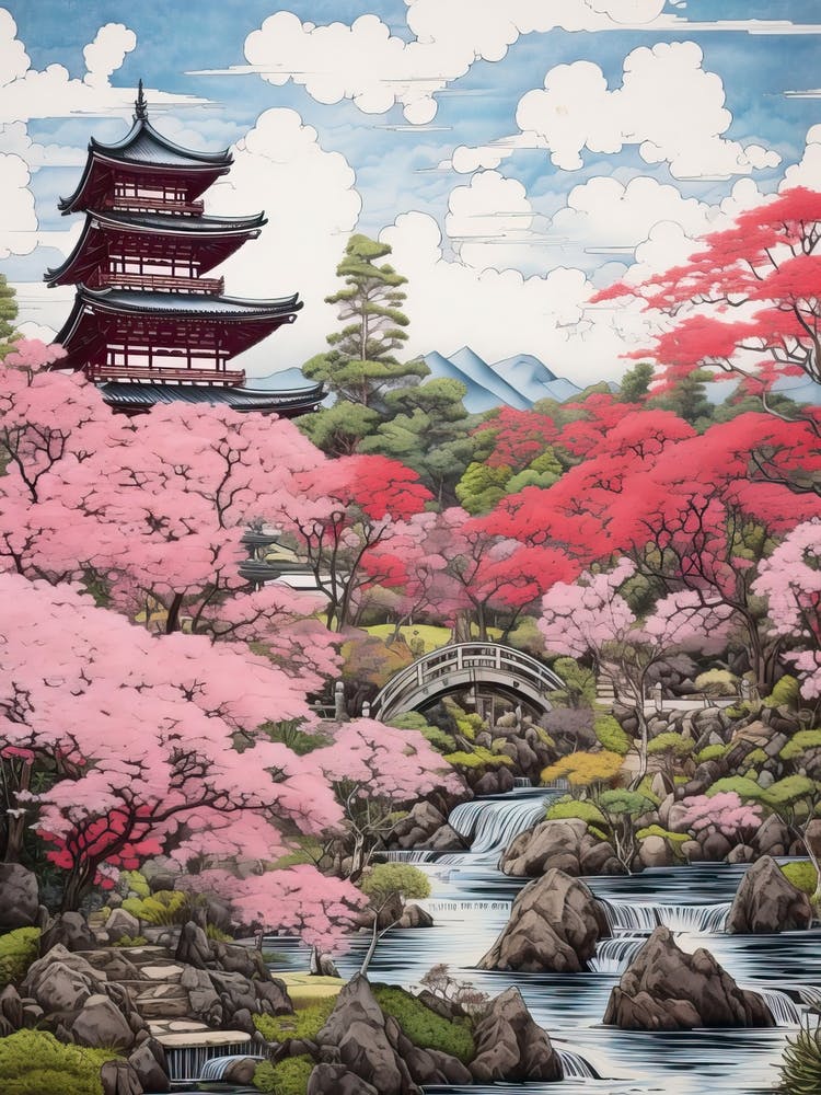 Rikugien Garden In Tokyo, Ukiyo E Drawing 2