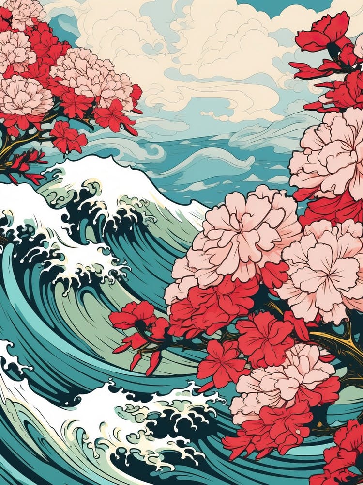 Great Wave With Rhododendron Flower Drawing In The Style Of Ukiyo E 1