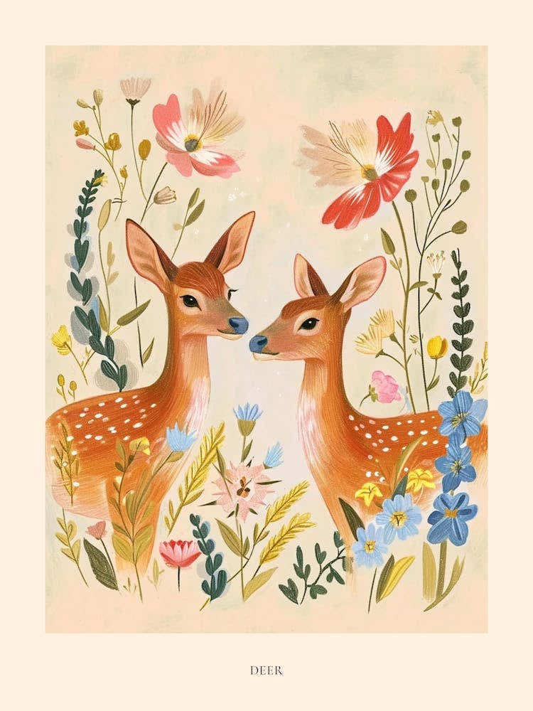 Folksy Floral Animal Drawing Deer 2 Poster