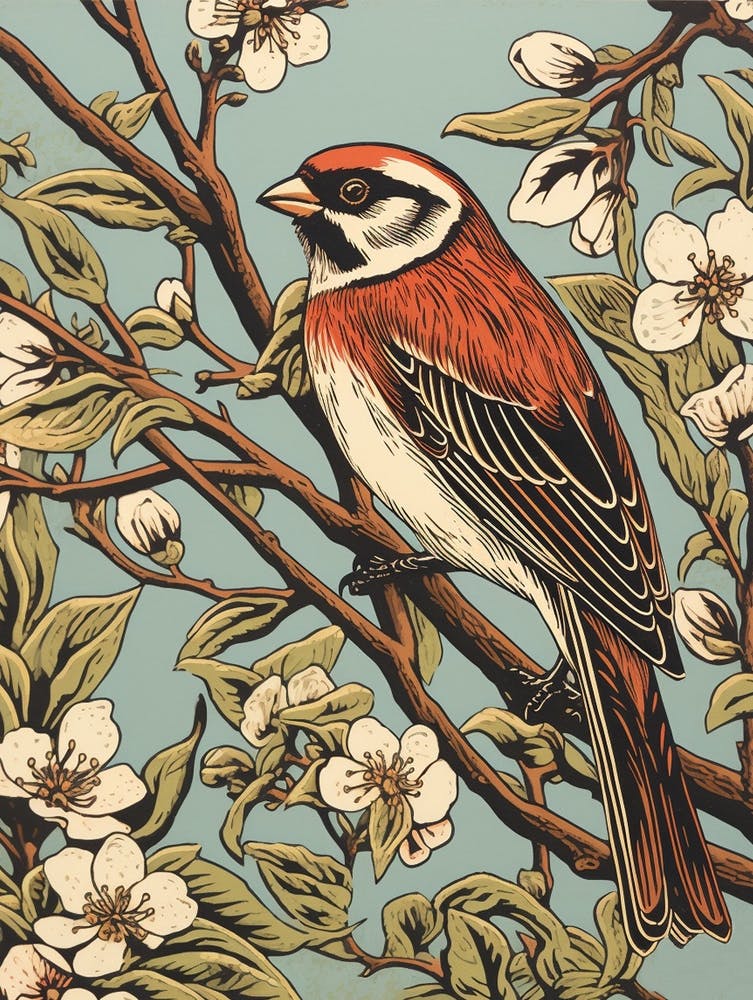 Vintage Bird Linocut Sparrow 2