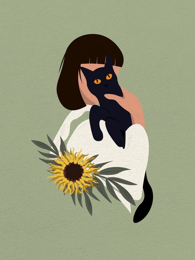 Minimal art Black Cat and Girl With Sunflowers