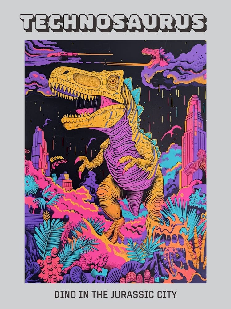 Dinosaur Teal Lilac Cityscape Jurassic Illustration Poster
