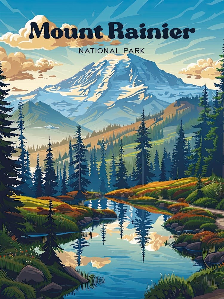 Mount Rainier National Park Washington Lush Greenery Travel Art