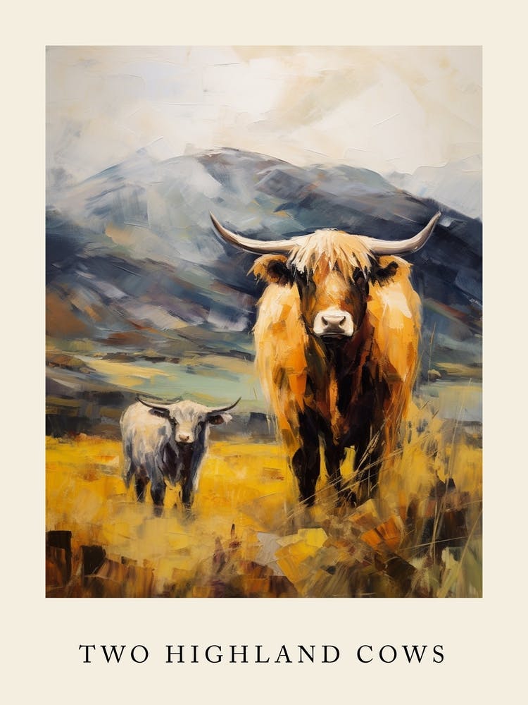 Moody Impressionism Painting Of Two Highland Cows