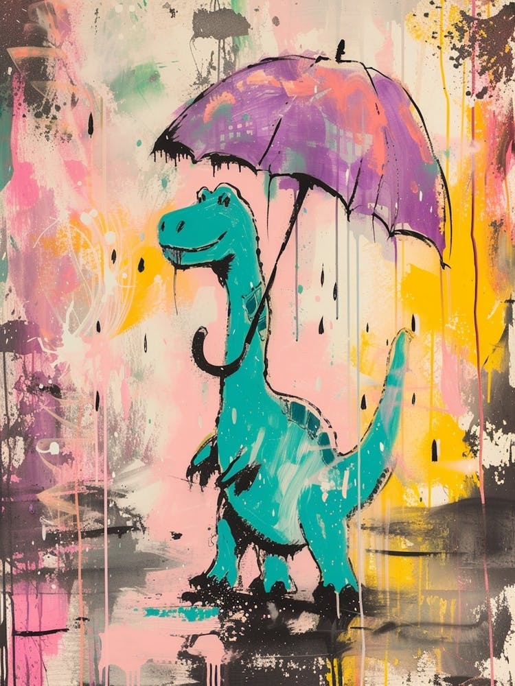Dinosaur In The Rain Holding An Umbrella Teal Purple 2