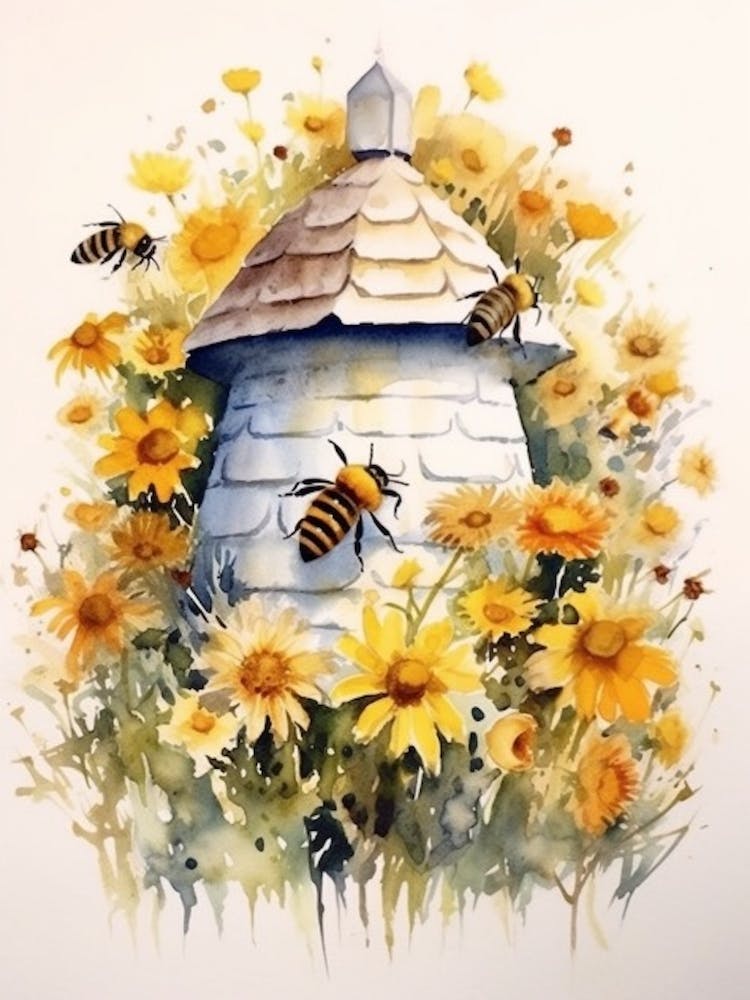 Bienenstock mit Gänseblümchen Aquarell-Illustration 1