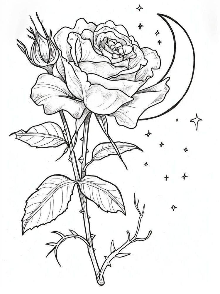 Rose With A Moon Line Drawing 1