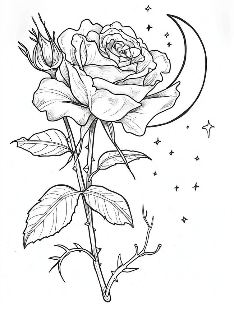 Rose With A Moon Line Drawing 1