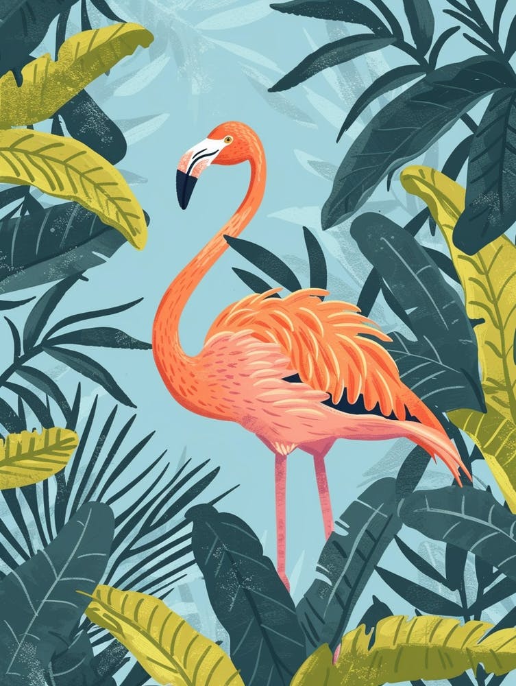 Lesser Flamingo And Croton Plants Minimalist Illustration 2