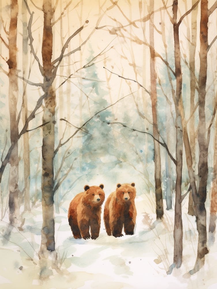 Winter Watercolour Brown Bear 2