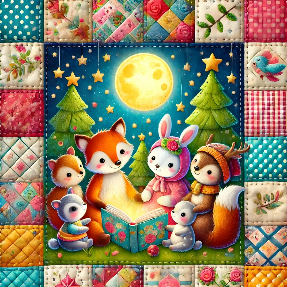 Whimsical Patchwork Woodland Storytime Cozy Quilted Animal Nursery Art Handmade Style Kids Room Decor