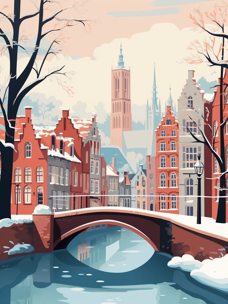 Vintage Winter Travel Illustration Bruges Belgium 7