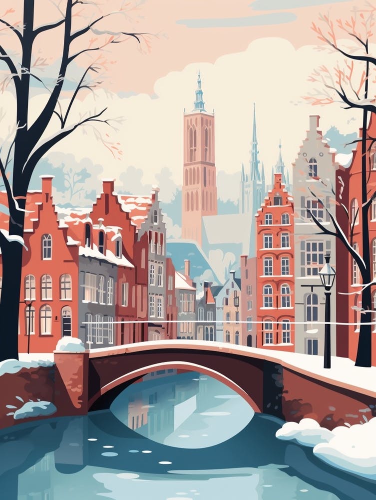 Vintage Winter Travel Illustration Bruges Belgium 7